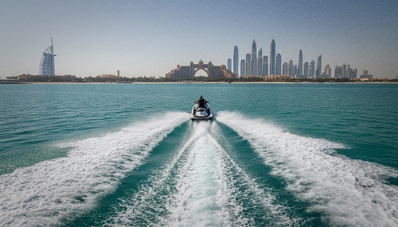 Jet ski vu de dos filant sur l'eau turquoise avec Palm Jumeirah et la silhouette du Burj Al Arab en arrière-plan