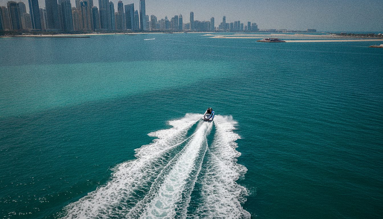 Jet ski laissant un sillage d'écume sur l'eau turquoise face aux gratte-ciel de Dubai Marina